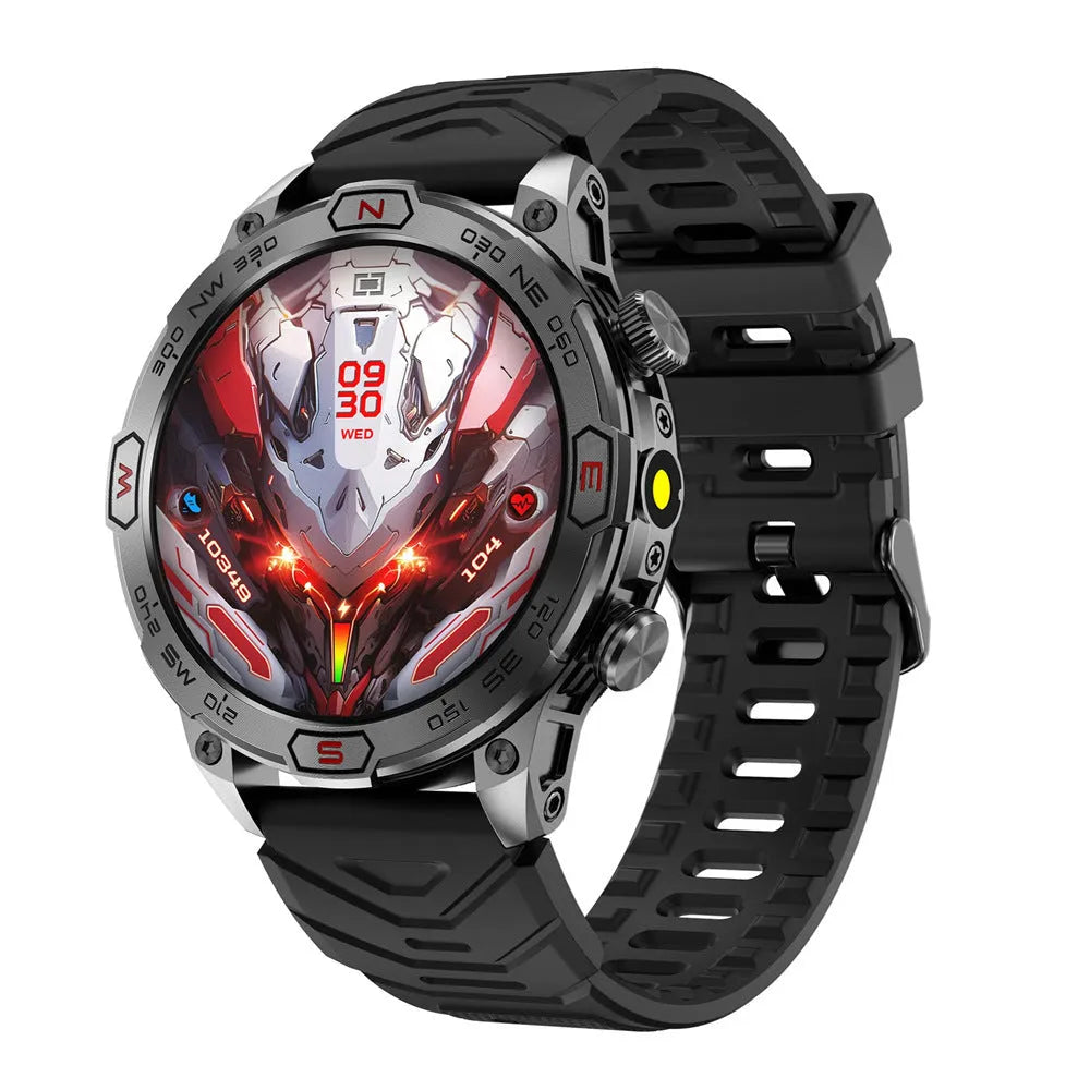 Black sports smartwatch with AMOLED screen on a silicone strap, showing fitness data.