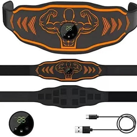 Smart massage belt fitness equipment showing orange and blue options with rechargeable host unit, belt, and arm stickers