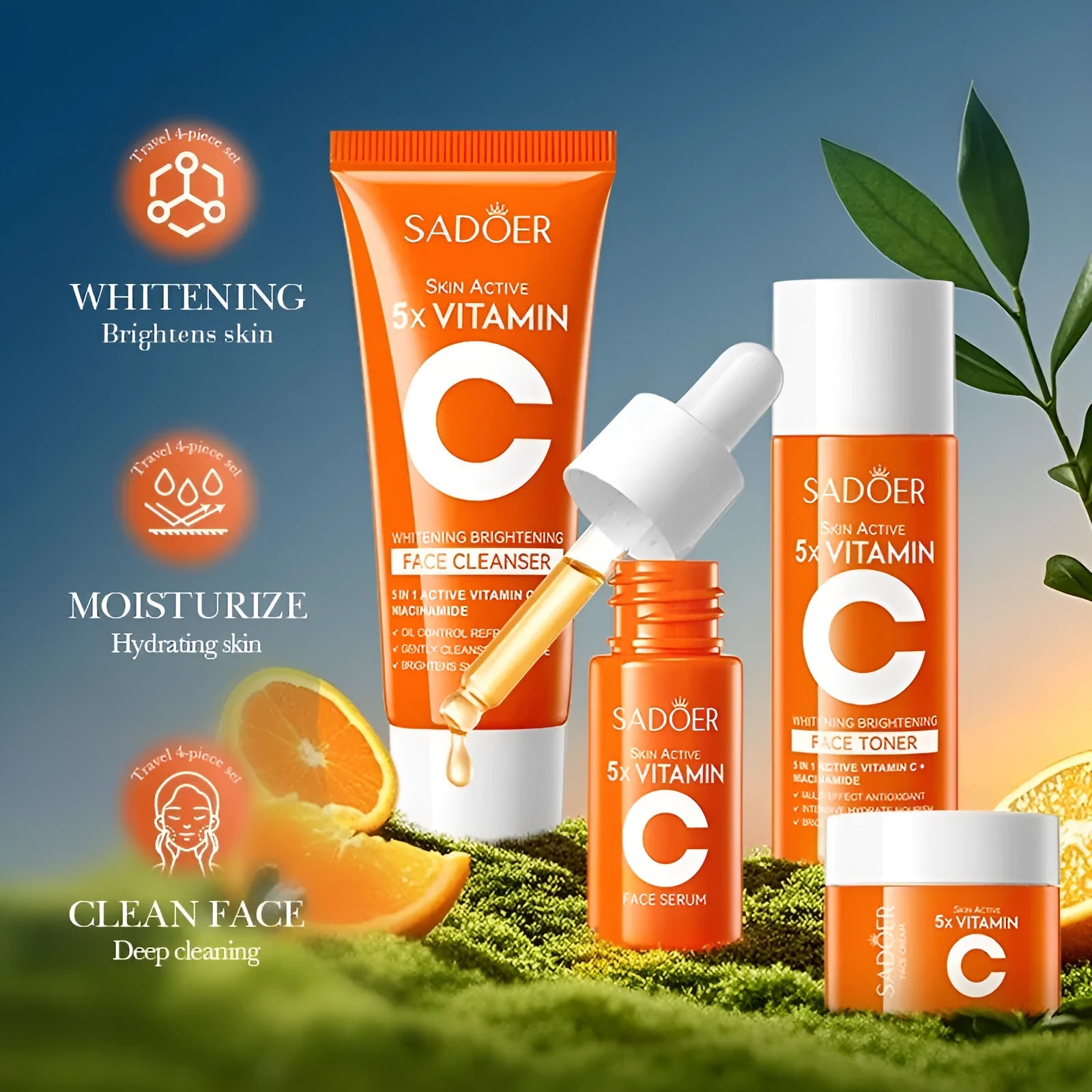 Five Vitamin C whitening travel bag with facial cleanser and moisturiser in a portable skincare set.