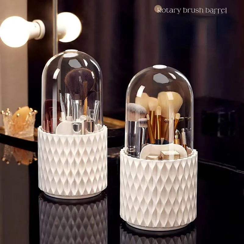 360 rotating large capacity transparent acrylic makeup brush storage pen holder with lid in white, PET HIPS desktop cosmetic organiser