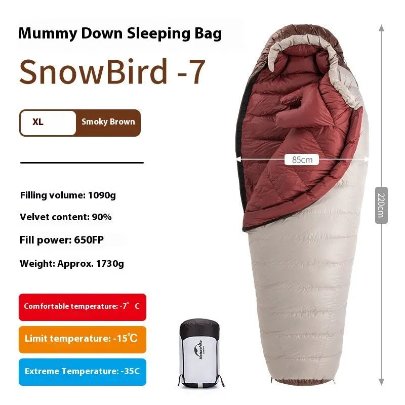 Mummy-style goose down sleeping bag for adults in a storage bag, showing size label options.