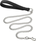 Heavy duty metal dog chain leash with soft black padded handle, shown in black, blue, and red.