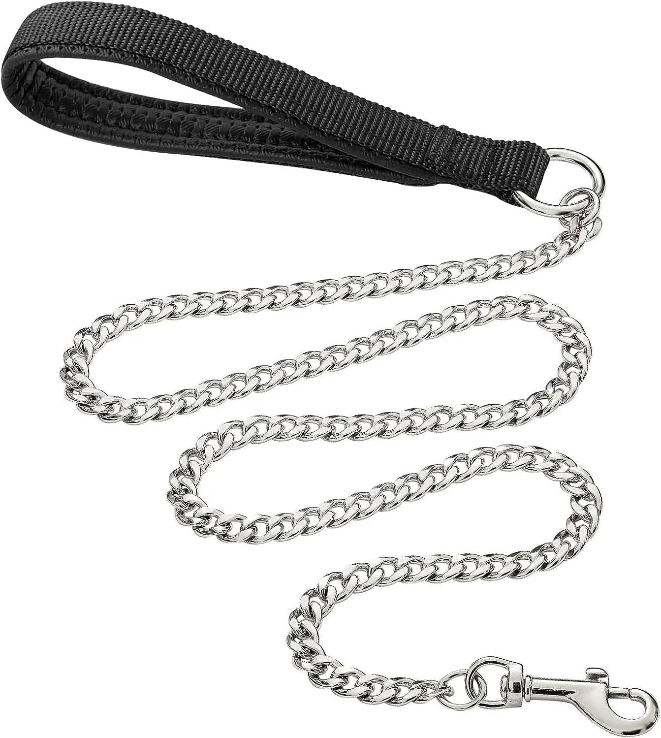 Heavy duty metal dog chain leash with soft black padded handle, shown in black, blue, and red.