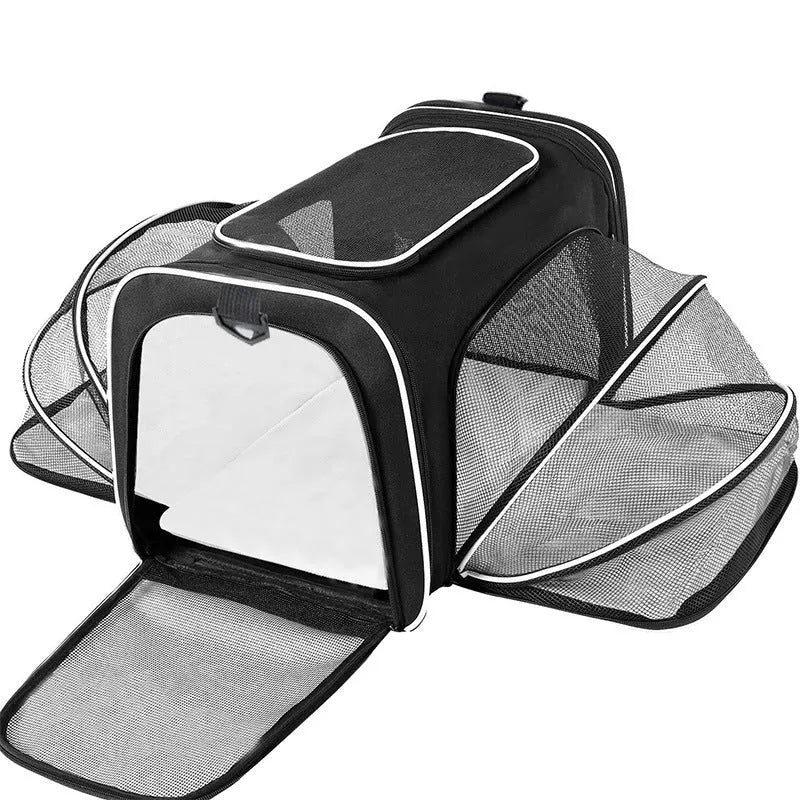 Large capacity cat carrier bag in black with red piping, made from 600D cation material