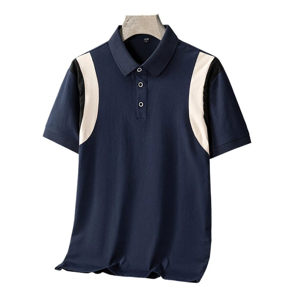 Men's grey cotton short-sleeved T-shirt with a business lapel neckline and loose fit.