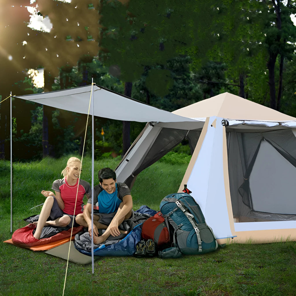 Fully automatic quick-open double-layer camping tent with aluminum poles, sunscreen fabric, and anti-mosquito mesh, in white.