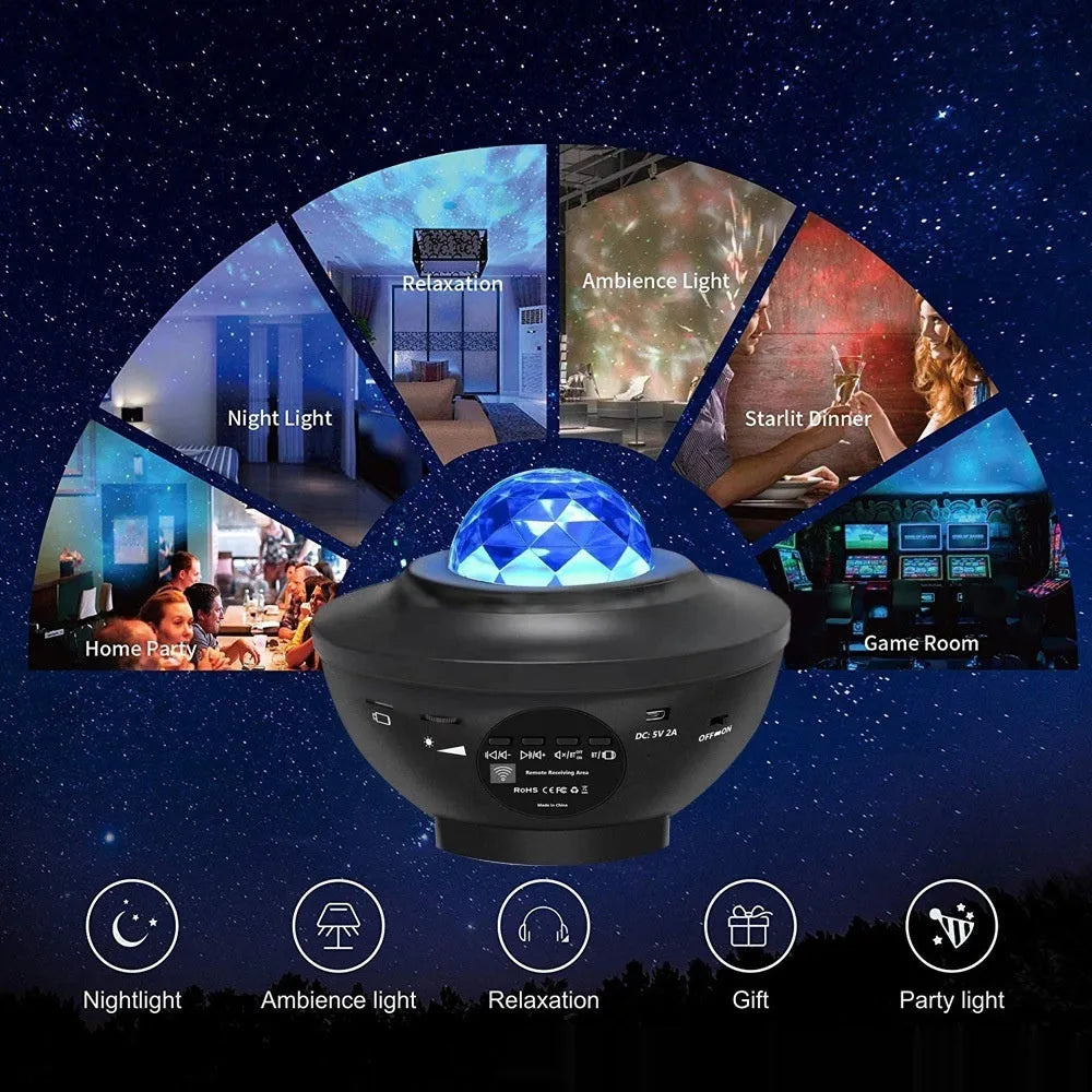 Black parallel style starry sky projection lamp with water ripple laser effects on desktop