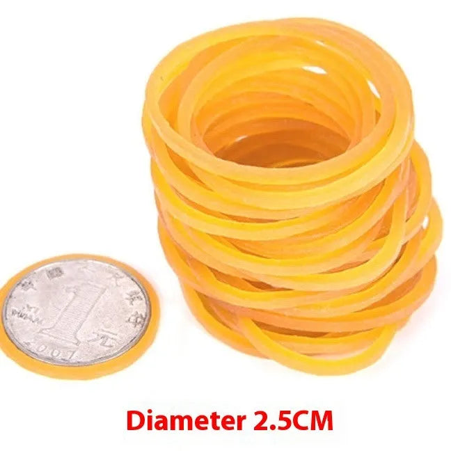 Yellow rubber bands in various sizes from a 500g mixed diameter pack