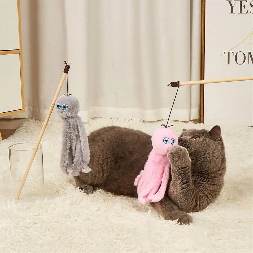 Octopus-shaped cat toy with long 40cm stick, feathers, and safety eyes in bright colours
