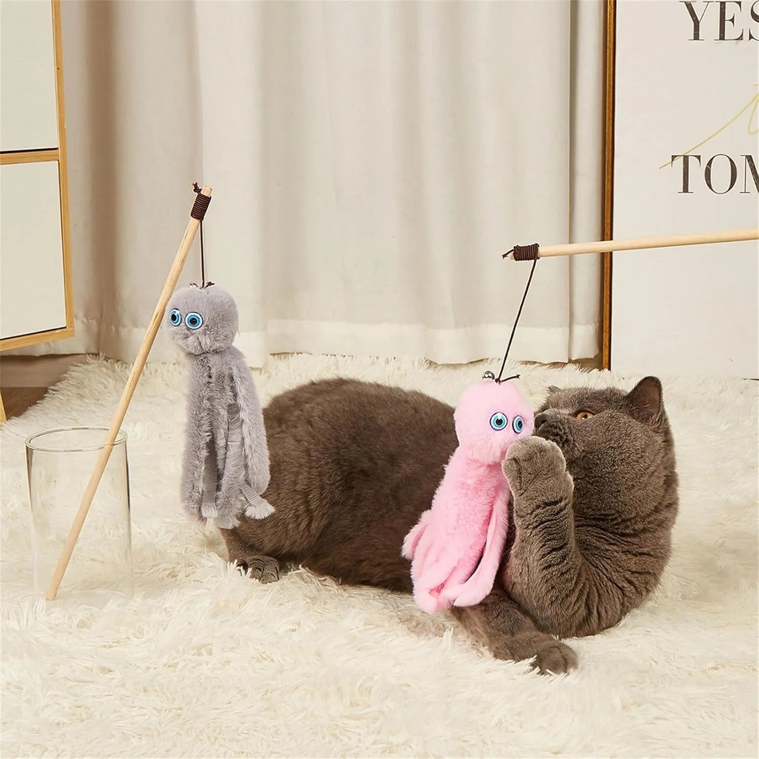 Octopus-shaped cat toy with long 40cm stick, feathers, and safety eyes in bright colours