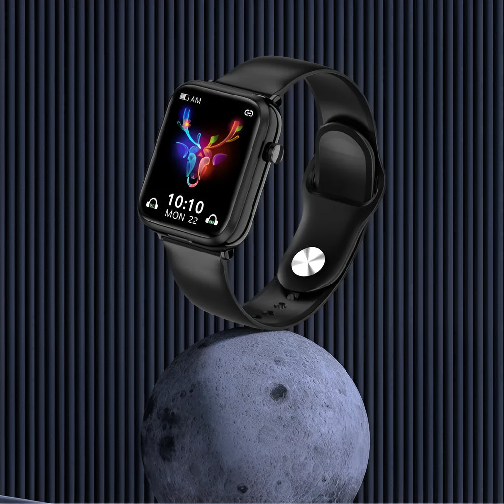 Black smartwatch with Bluetooth earbuds and charging case on a 1.69-inch touchscreen display.