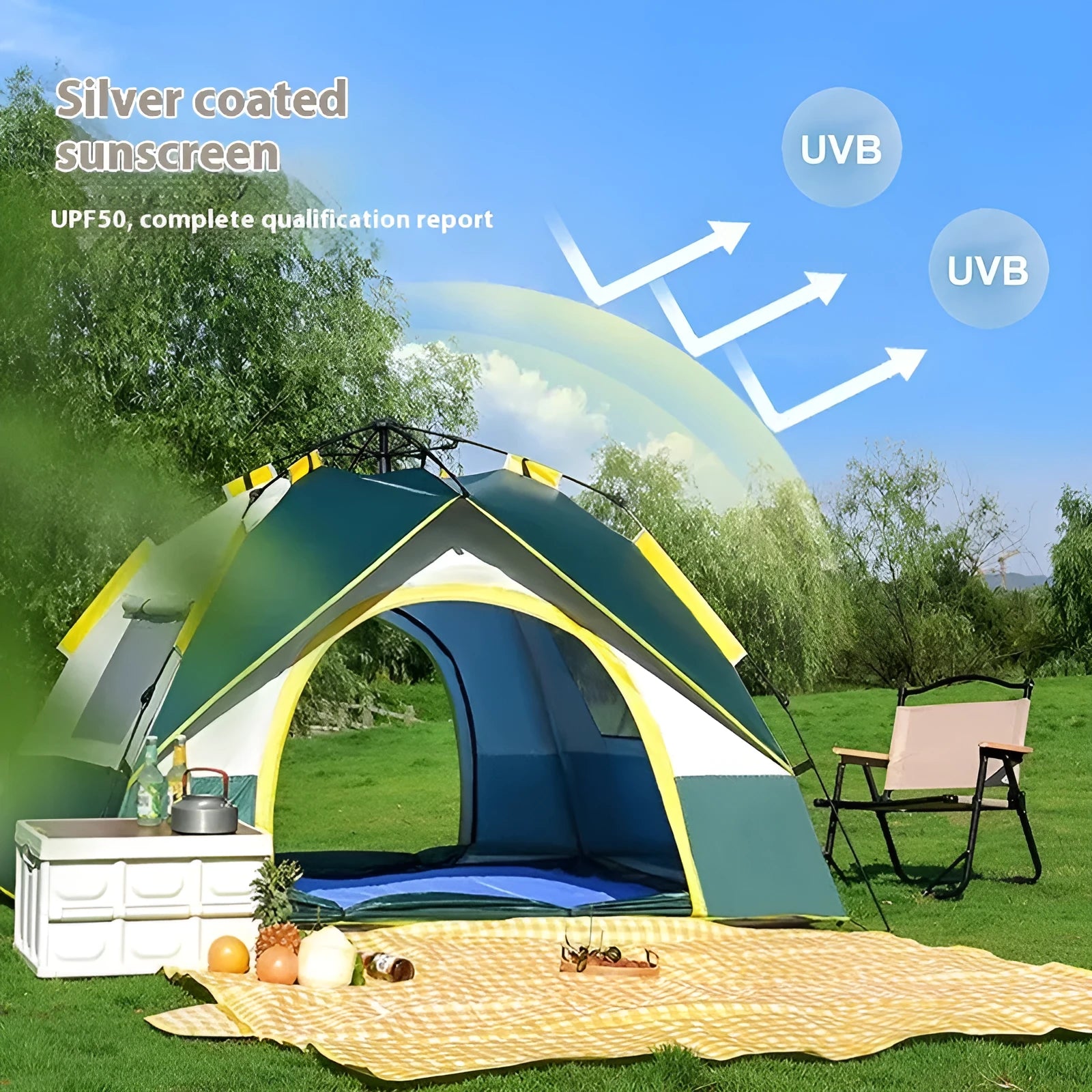 Dark green silver glue automatic camping tent for 3-4 people with fibreglass poles