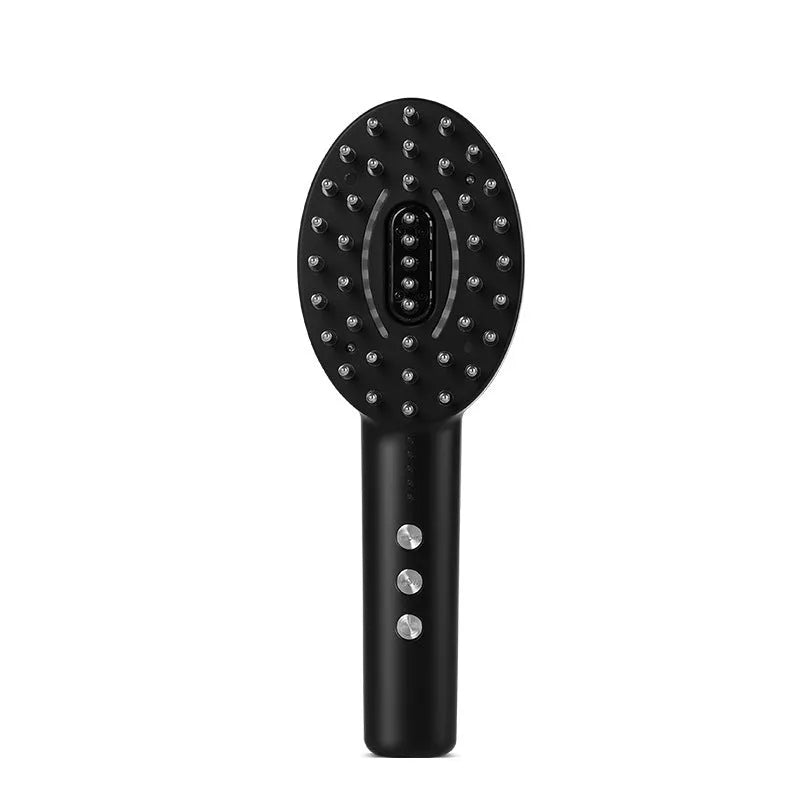 Handheld black scalp massage device with charging cable on a white background.