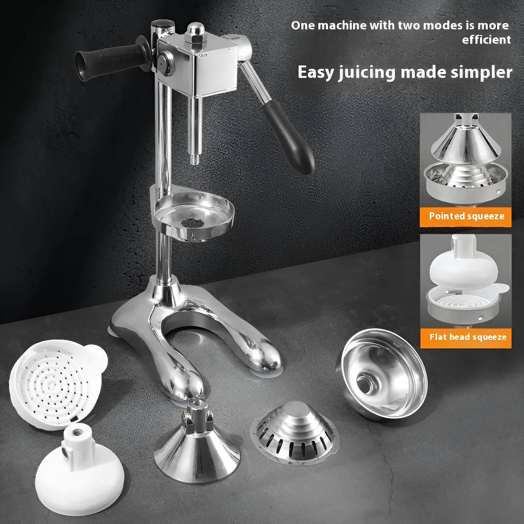 Vertical stainless steel manual citrus juicer with zinc alloy components in modern design