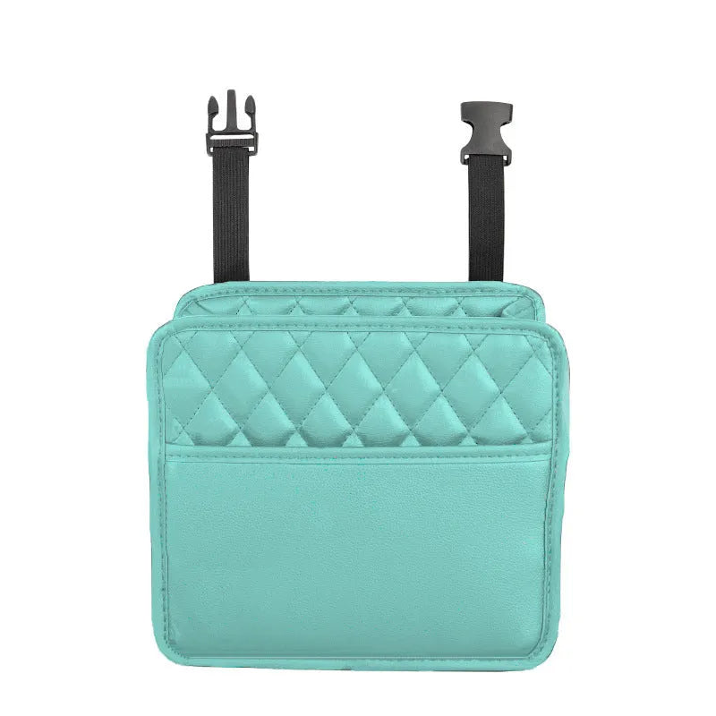 Leather hanging car storage bag in black, pink, green, or white colours, 25cm size