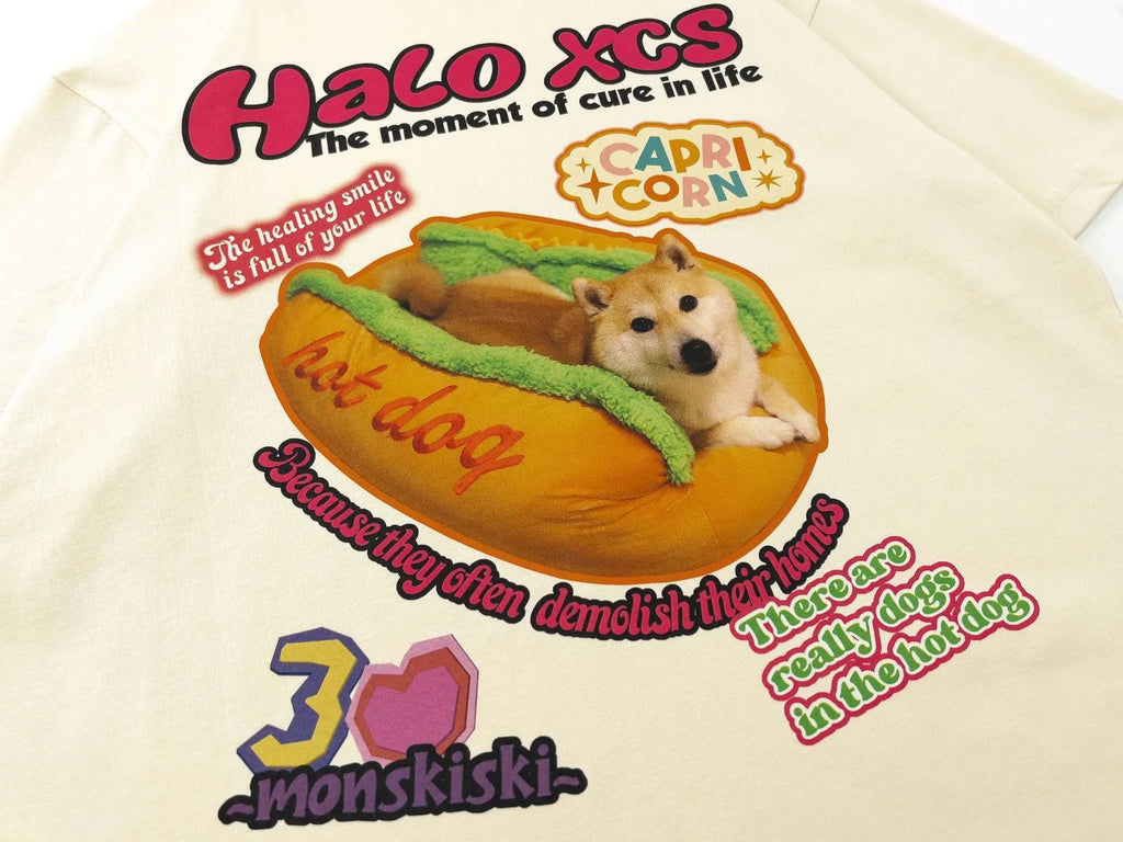 Cotton couple's t-shirt with cartoon hamburger dog print in short sleeve round neck style
