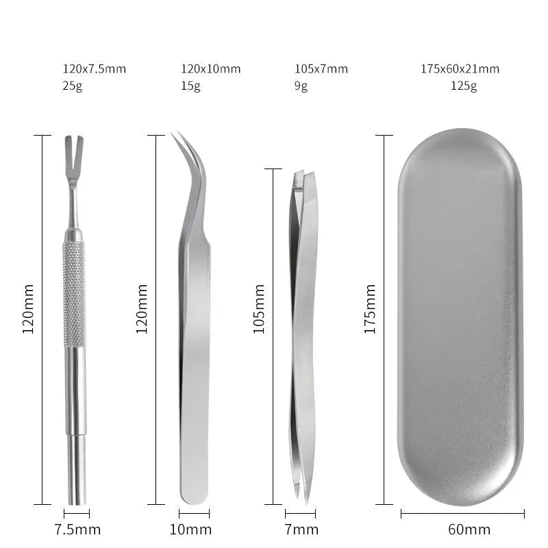 Three silver stainless steel tick clips with grate-style heads for pet parasite removal