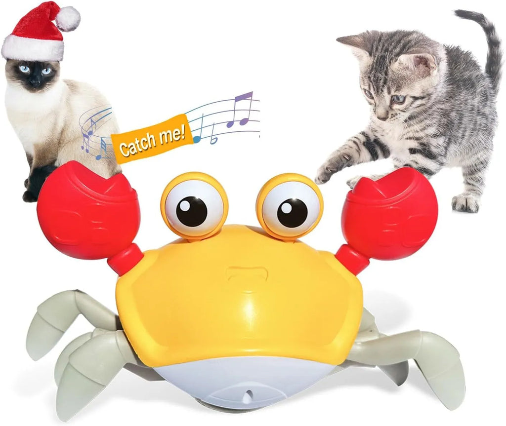 Blue and red crawling crab dog toy with lights, shown next to a charging cable.