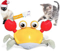 Blue and red crawling crab dog toy with lights, shown next to a charging cable.