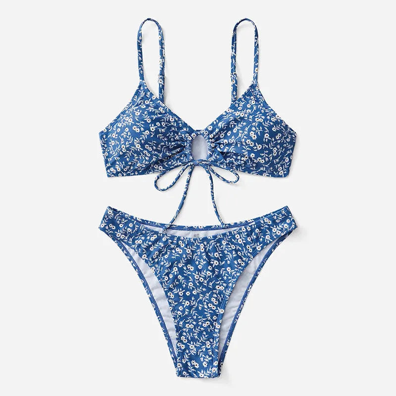 Blue polyester three-piece swimsuit set without underwire with separate top and shorts