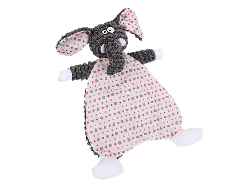 Brown stuffed animal fox elephant pet toy with soft velvet exterior for cats and dogs.