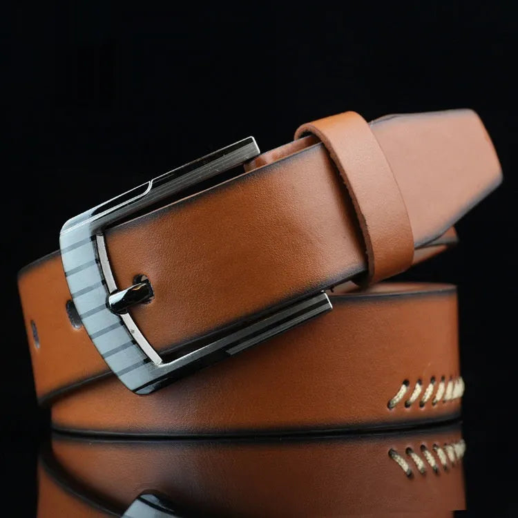 Men's retro-style imitation leather belt with pattern and alloy pin buckle, shown in black.