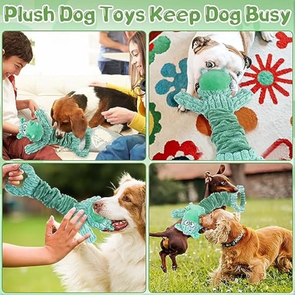 Large plush dog toy with handle, available as hippo or monkey character