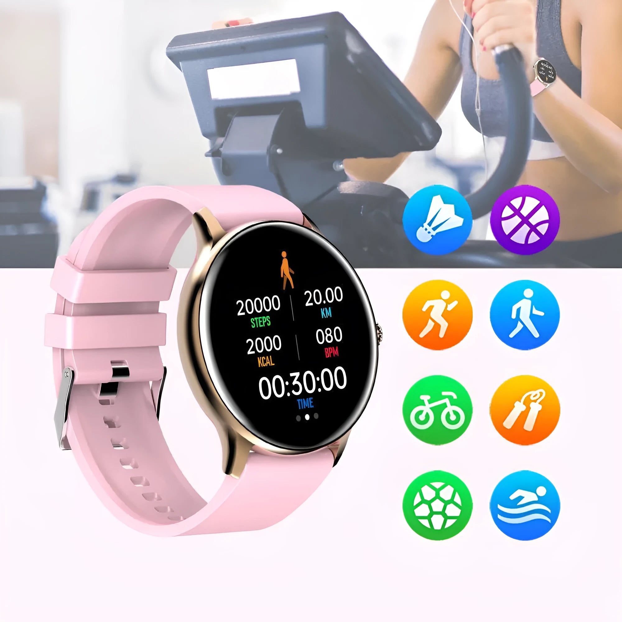 Black smartwatch with 1.28-inch screen showing blood pressure reading on wrist.