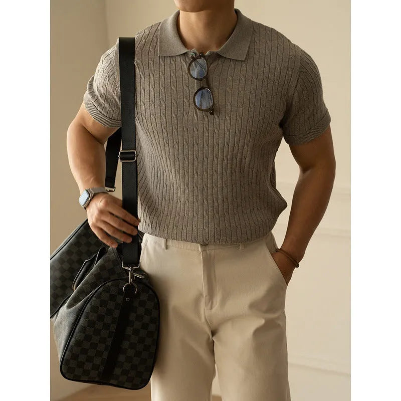 Men's khaki short sleeve business casual top showing front view with Asian fit sizing label