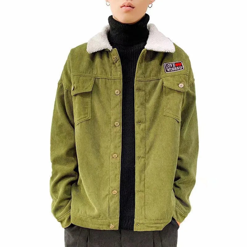 Mens khaki corduroy loose fit workwear jacket with stick pockets