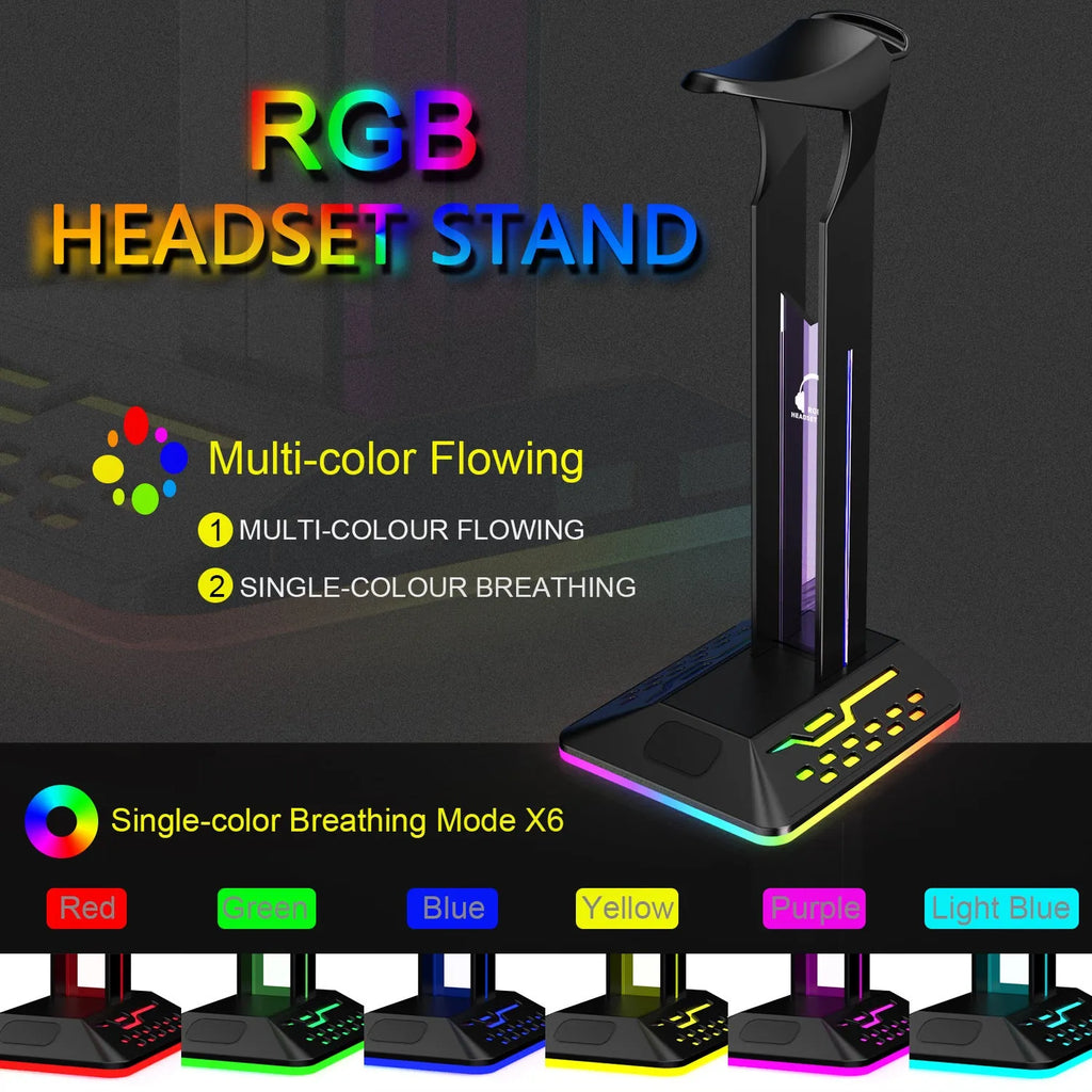 RGB headphone bracket with colour-changing LED lights and dual USB ports displaying headphones