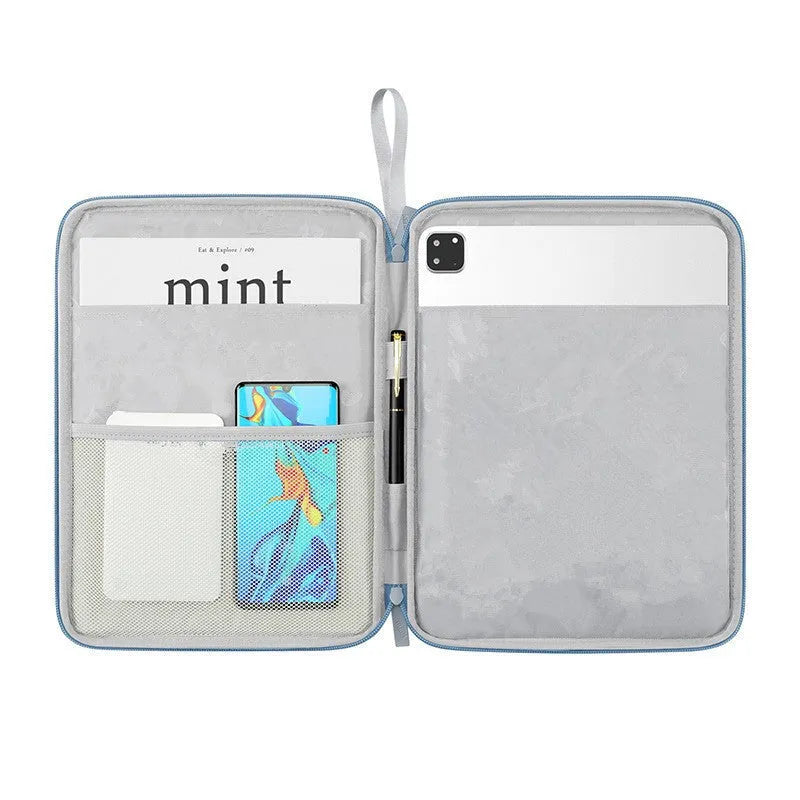 Imitation leather tablet protective case with fabric lining and a handle in light grey colour