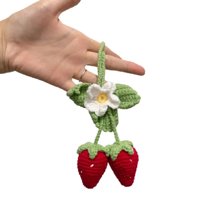 Handmade strawberry-shaped weaving pendant for car decoration, made from cotton and hemp.