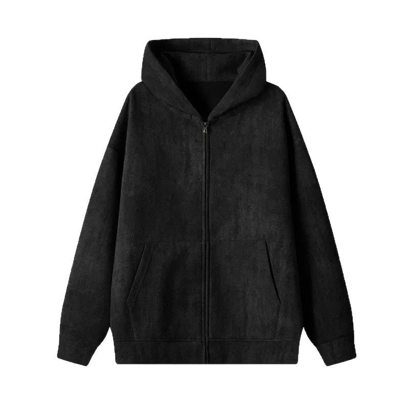 Men's plus size loose fit hooded tie-dyed cardigan coat in black, side pockets