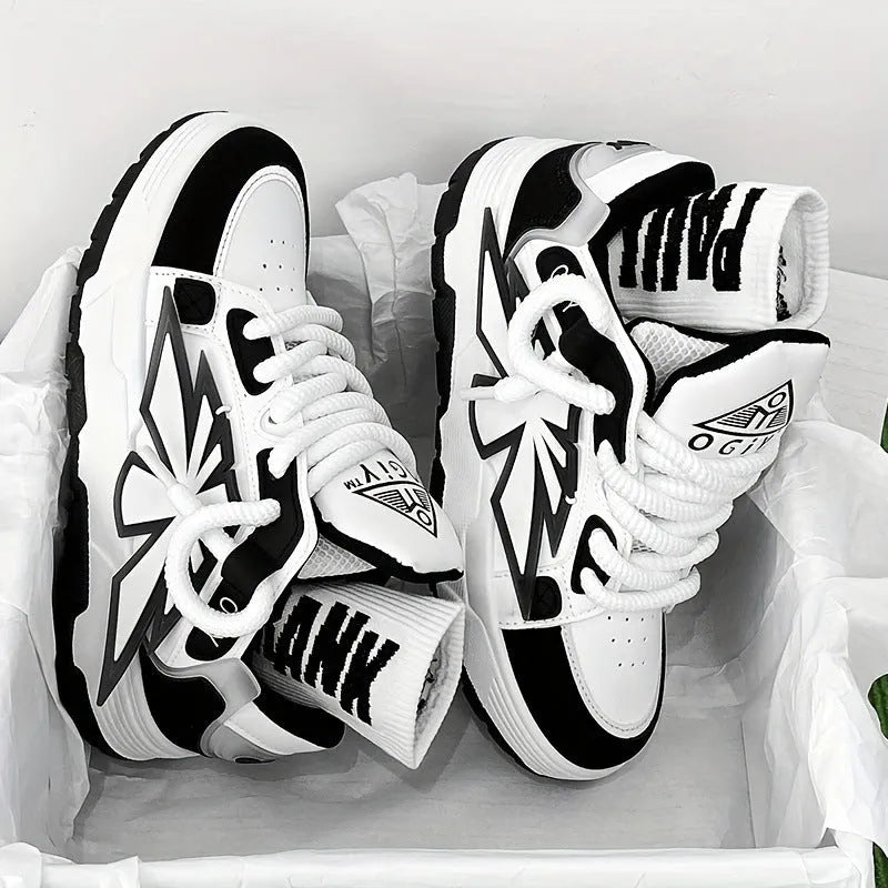 Men's white chunky sneakers with thick rubber sole, cartoon totem patterns, and lace-up front.