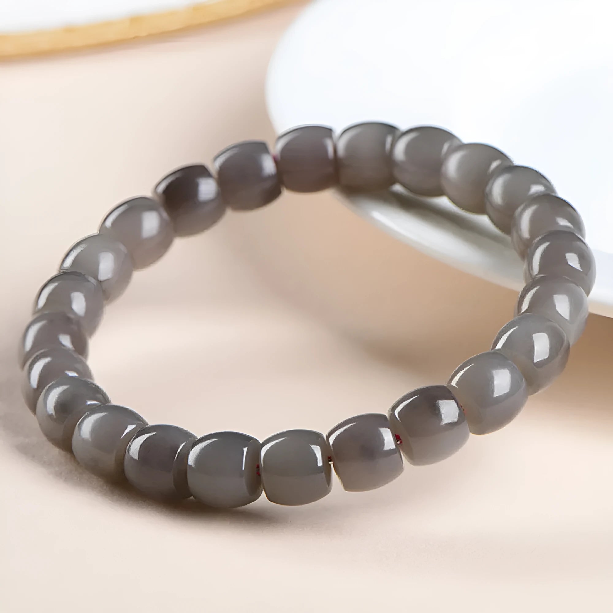 Natural smokey violet Hetian jade beaded bracelet with straight-cut 8x9mm polished beads.