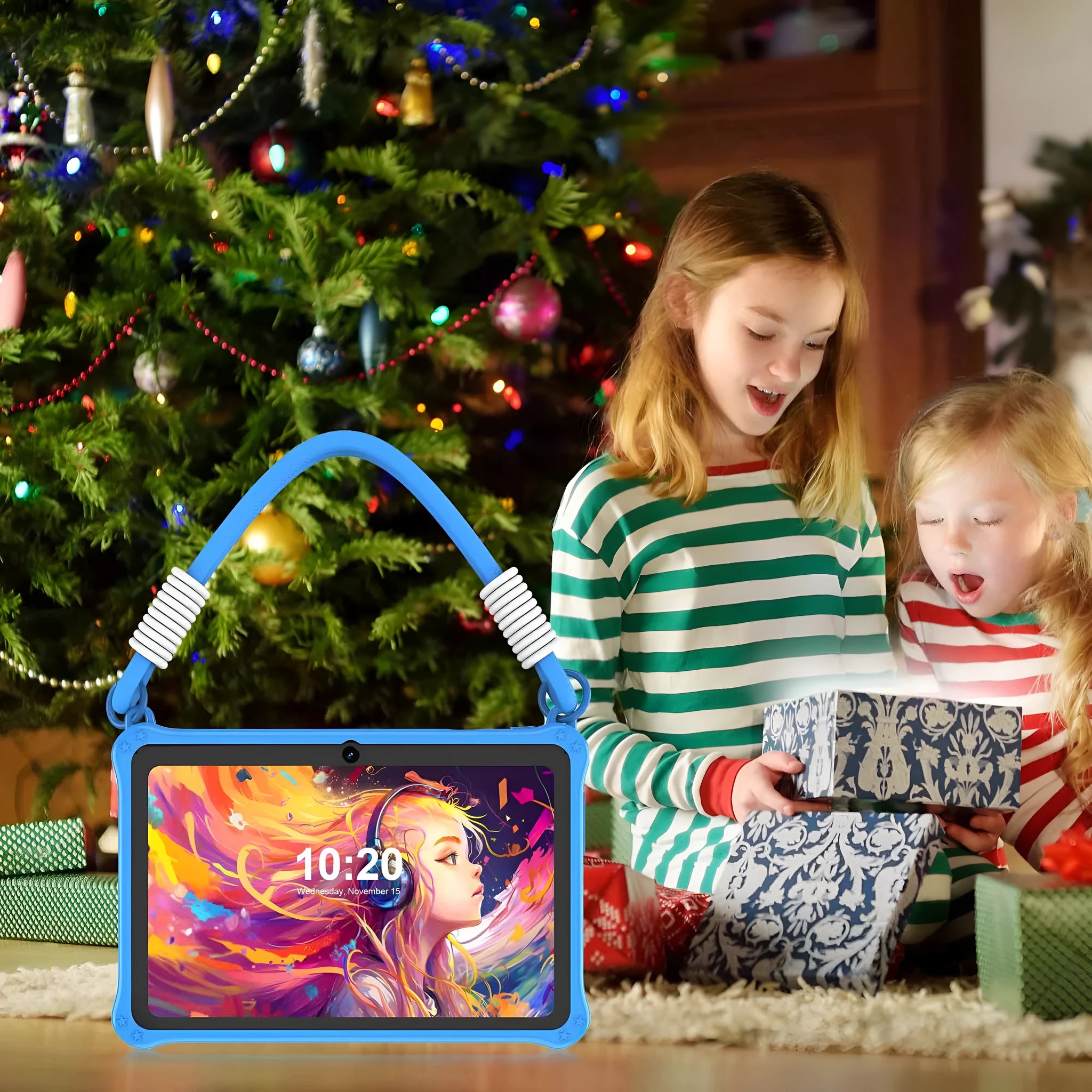 7-inch silicone protective case with flat strap for children's tablets in sapphire blue and dark pink colours