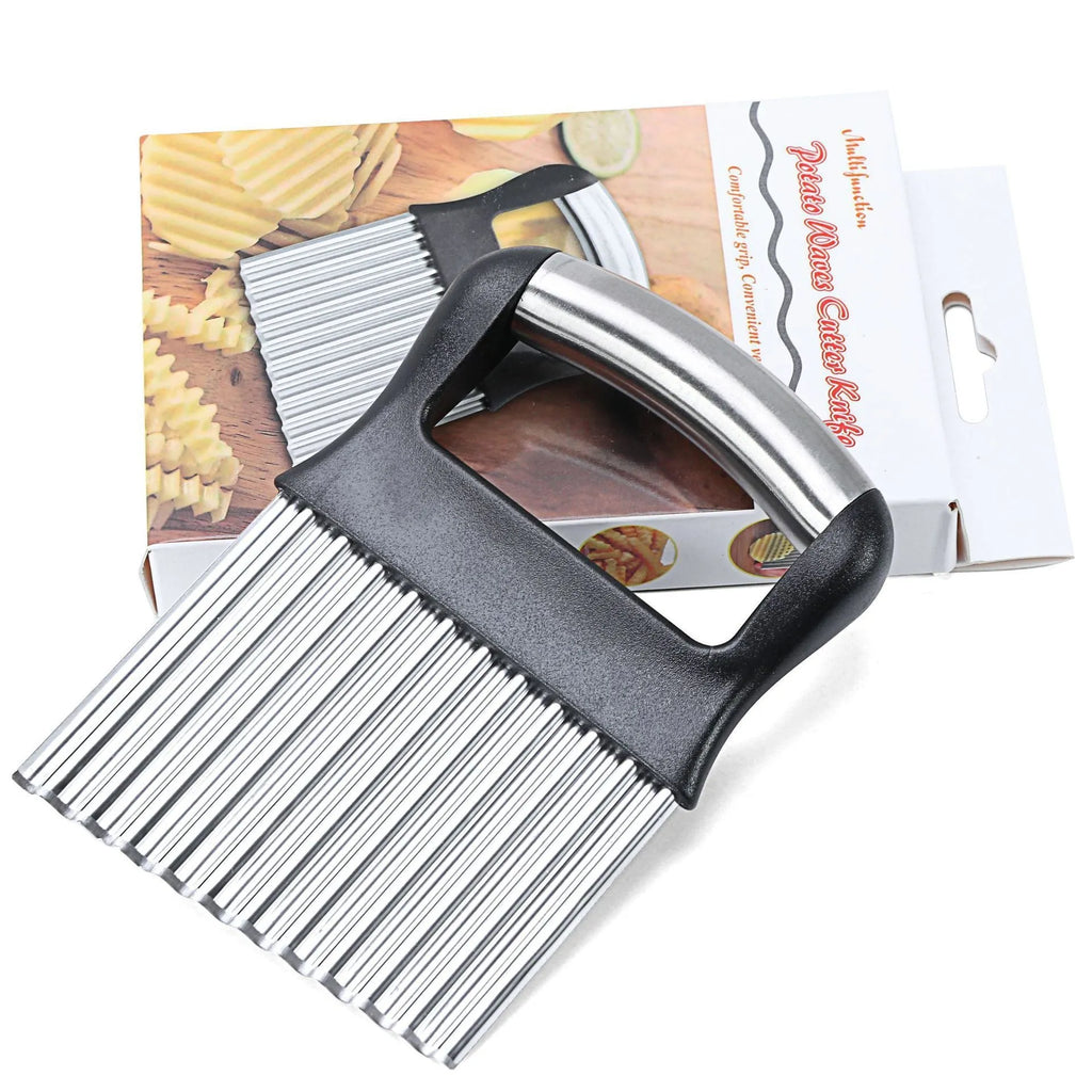 Stainless steel potato wave knife for making wavy vegetable slices, shown in black or white.