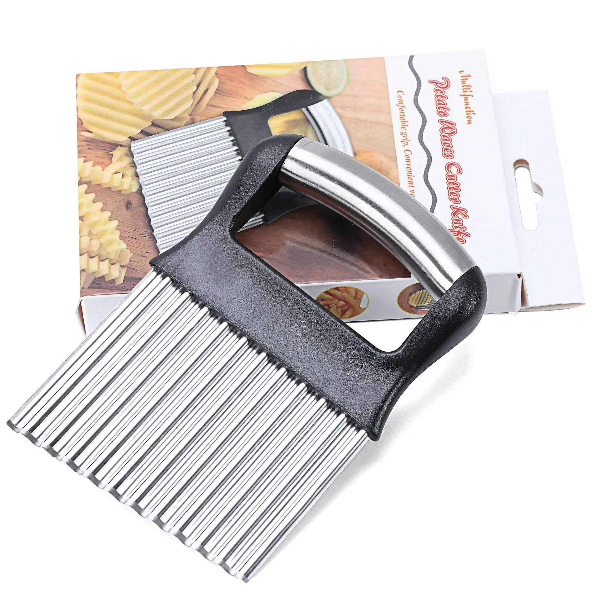 Stainless steel potato wave knife for making wavy vegetable slices, shown in black or white.