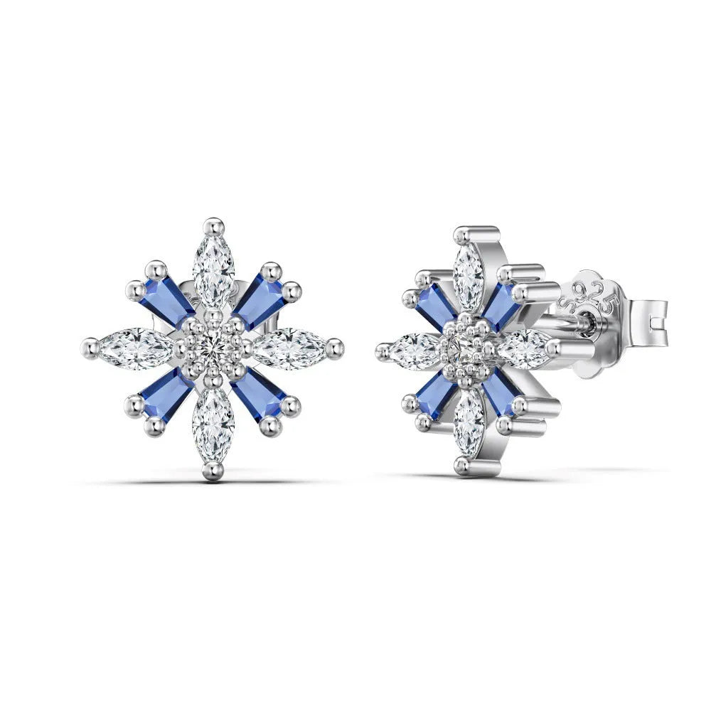S925 sterling silver stud earrings with snowflake Mori style design in platinum white diamond colour