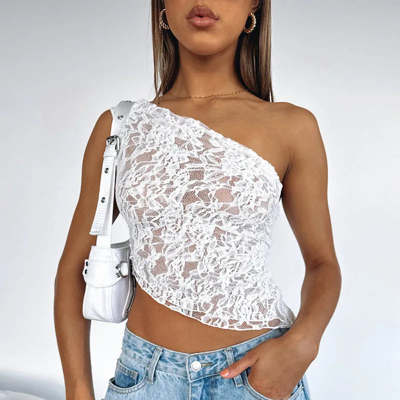 Women's lace backless vest with asymmetrical neckline in slim fit street hipster style