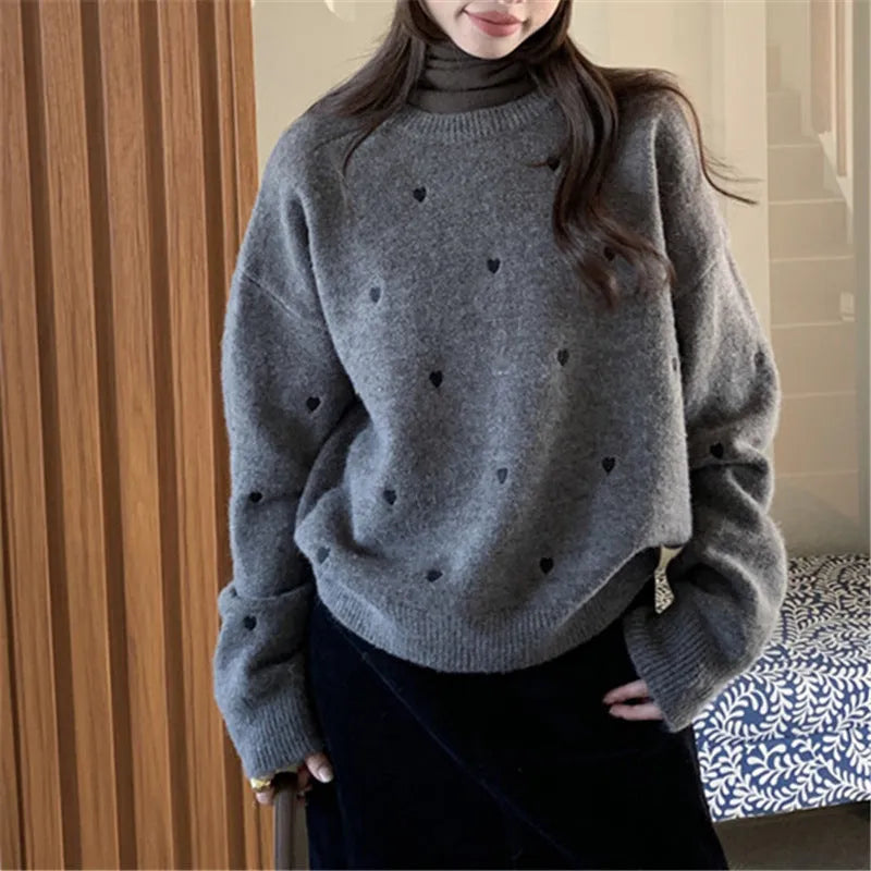 Women's loose fit embroidered pullover sweater in milky white, gray, or pink colour