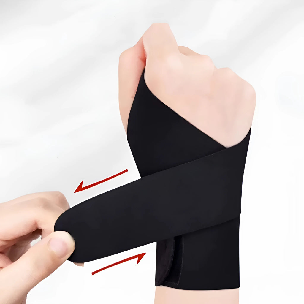 Adjustable athletic wristguard for sports support, shown in black colour with hook-and-loop fastening.