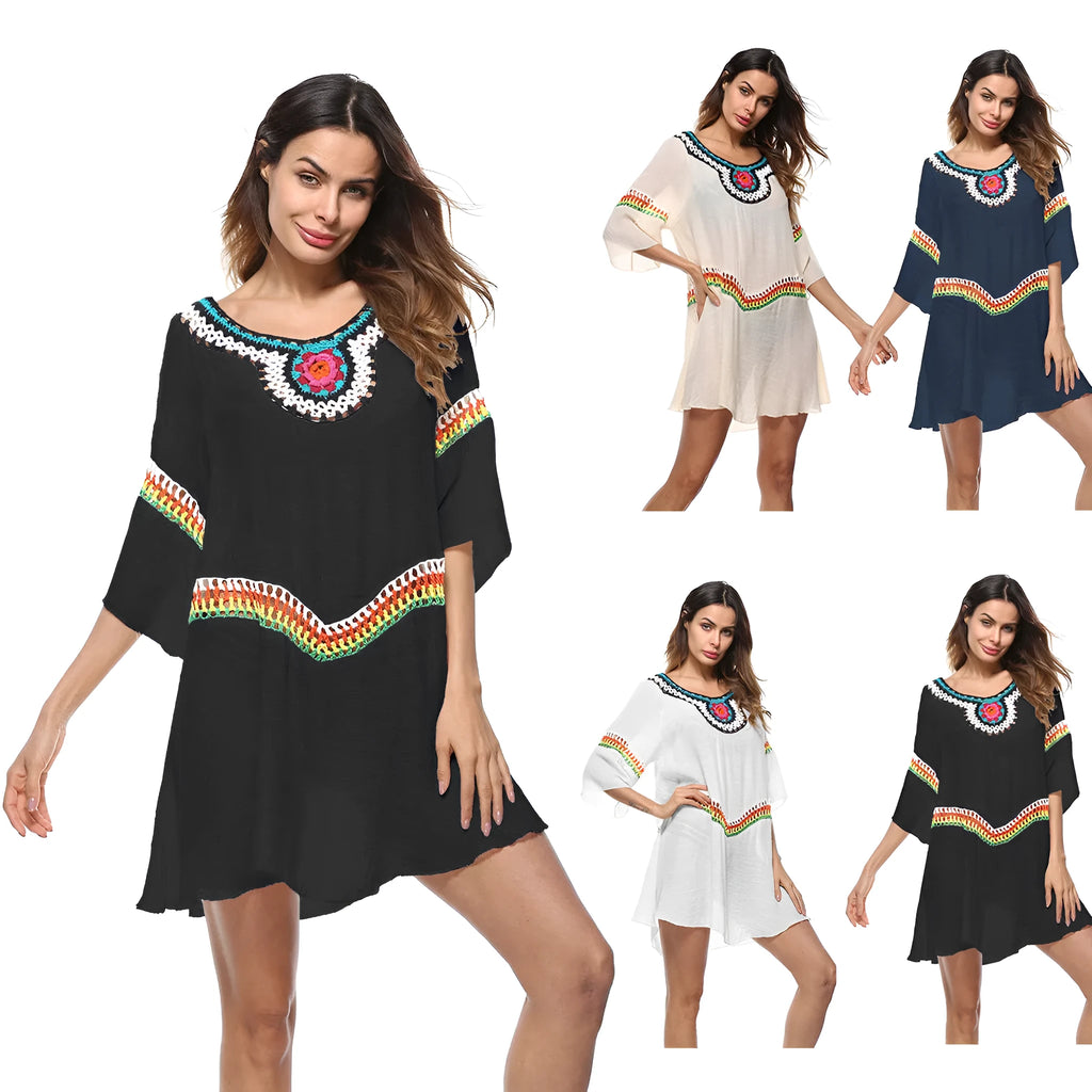 Crocheted ethnic style beach clothing for women in apricot colour with sun protection for swimming