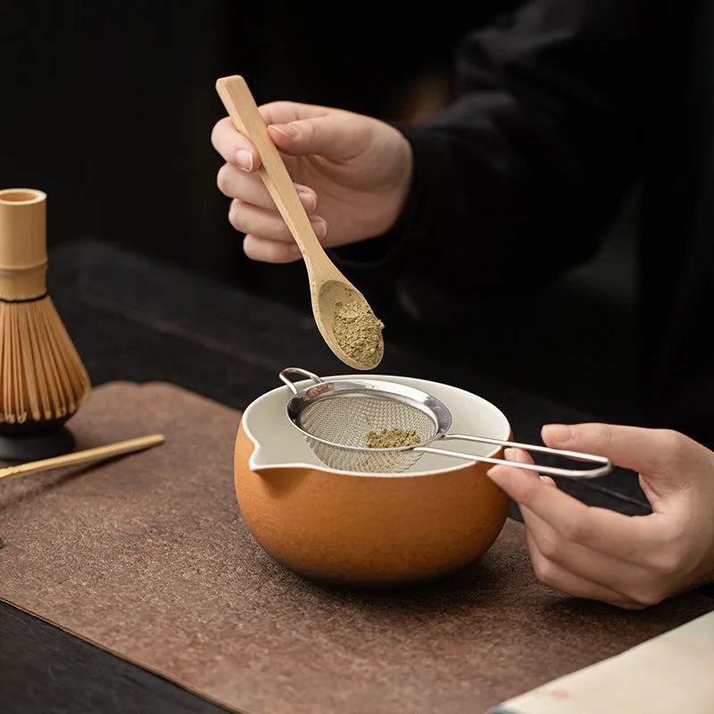 Guyun matcha eight-piece ceramic set with thread pointed bowl, tea stand, spoon, and accessories