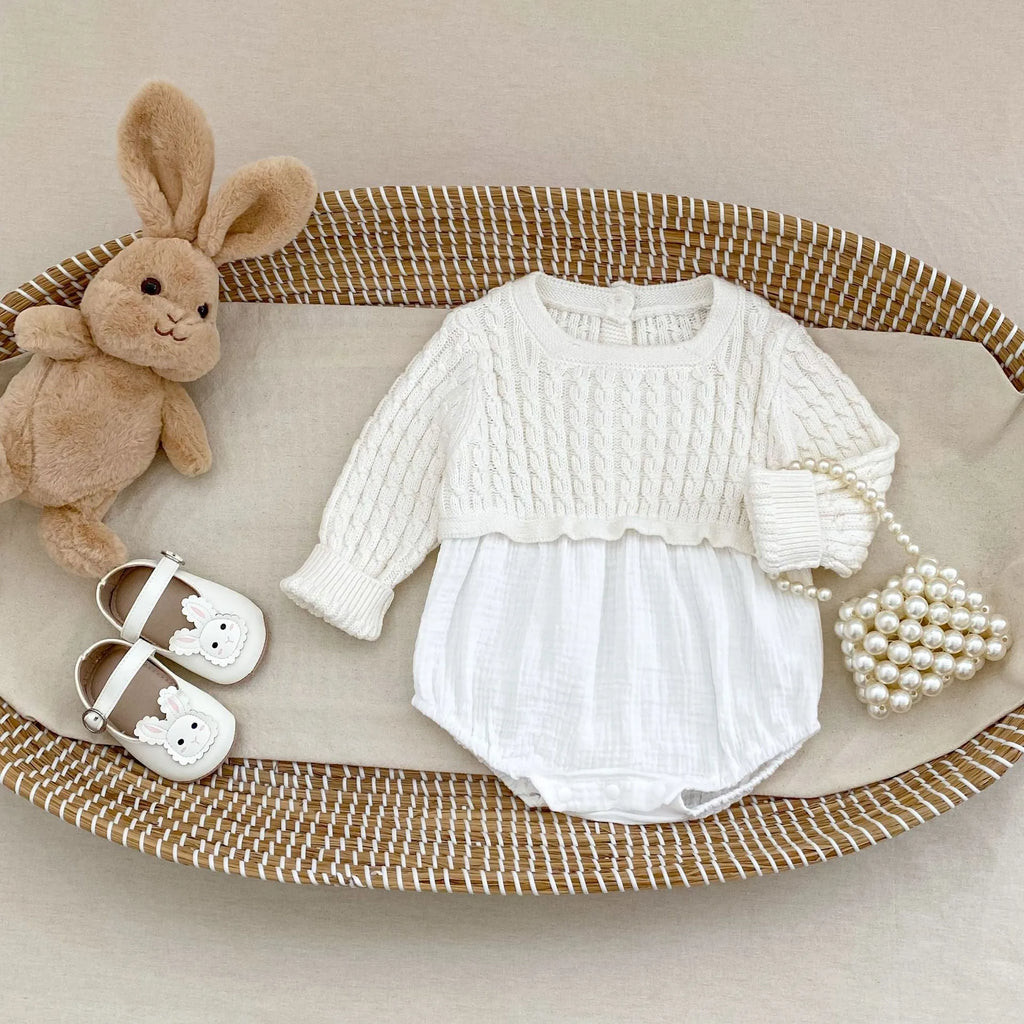 Baby girl cotton romper in milky white long sleeve pullover style