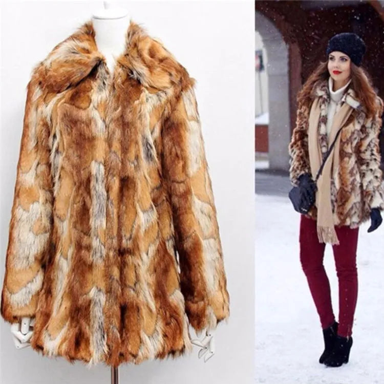 Women's tiger pattern artificial fur leather jacket in medium length 65cm with long sleeves