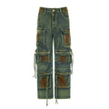 Loose cargo denim trousers in a fading colour with multiple gradient pockets on the legs