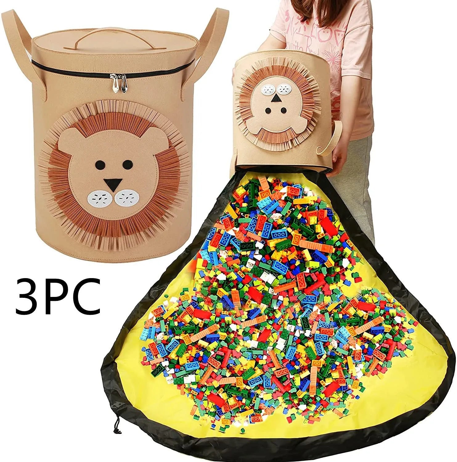 Green felt cube storage bag with pull rope closure, shown open flat as a play mat.
