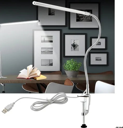 Silver aluminium alloy LED clip table lamp with long arm for nail art and crafting, showing clip attachment and USB cable